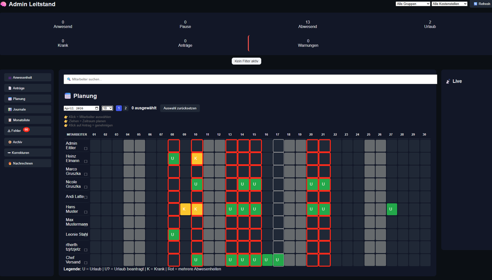 A-Timer Admin-Tableau mit Mehrfachplanung